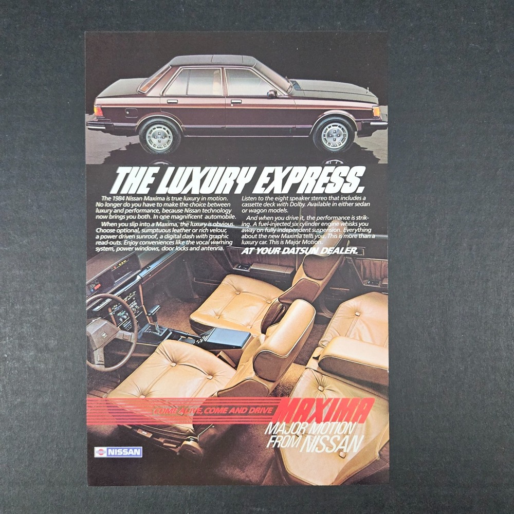 1984 Nissan Maxima 4-Door Luxury Car Vintage Print Ad Mancave Garage Shop Datsun